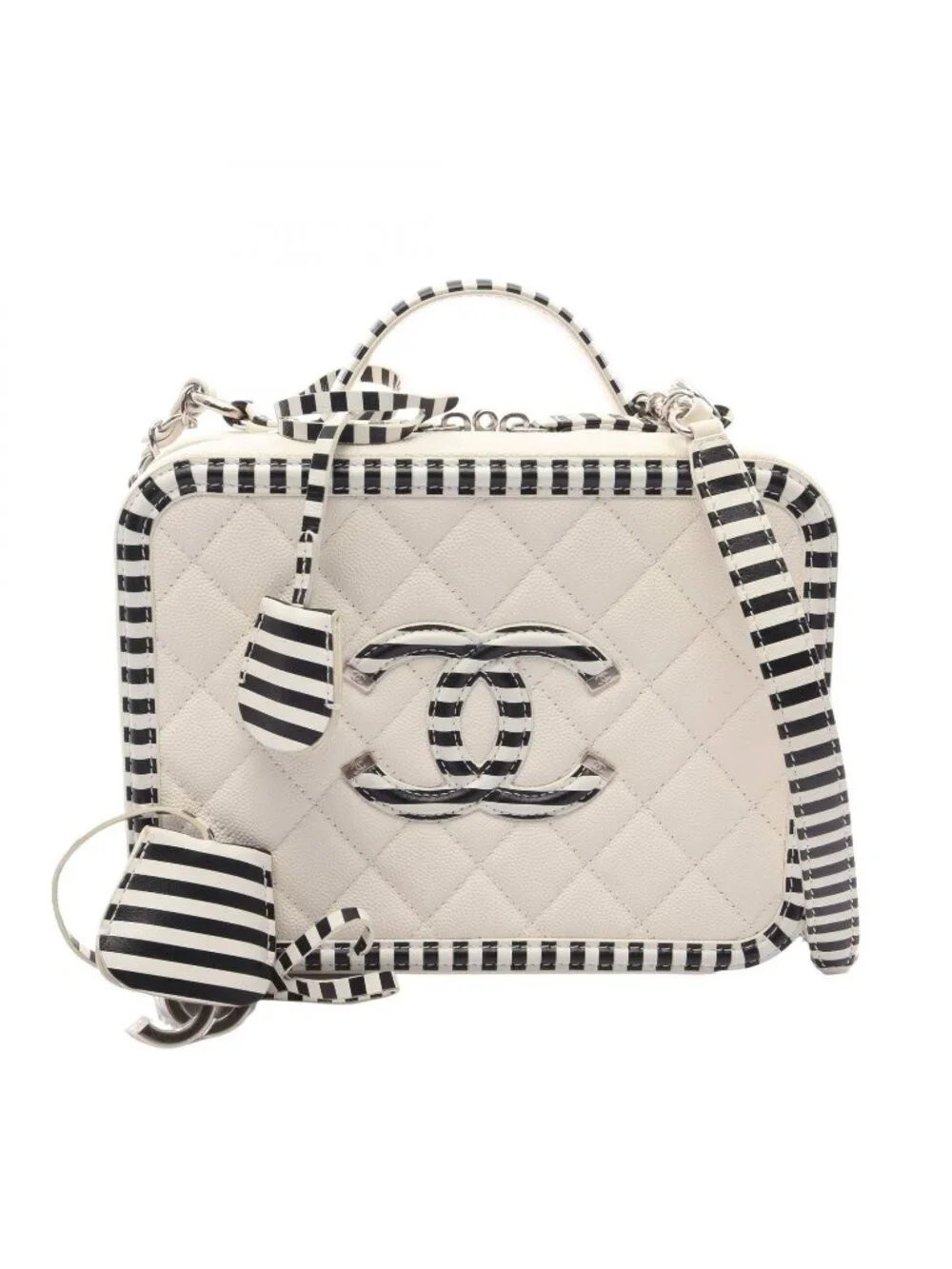Chanel Shoulder Bag CC Filigree Vanity 2-Way White Black Leather CC Quilted